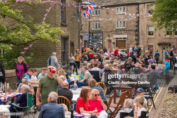 General view of the Platinum Jubilee street party on Church Street on June 04, 2022 in Hayfield, High Peak, England. The Platinum Jubilee of...