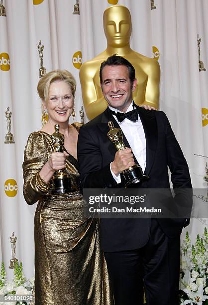 Actors Meryl Streep and Jean Dujardin pose in the press room at the 84th Annual Academy Awards held at Hollywood & Highland Center on February 26,...