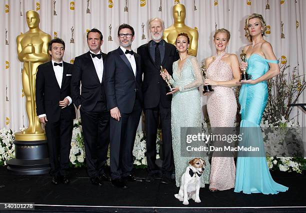 Producer Thomas Langmann, actor Jean Dujardin, director Michel Hazanavicius, actors James Cromwell, Berenice Bejo, Uggie the dog, Penelope Ann...