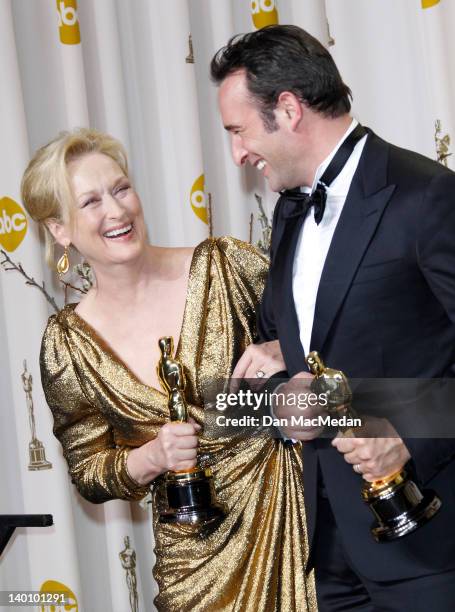 Actors Meryl Streep and Jean Dujardin pose in the press room at the 84th Annual Academy Awards held at Hollywood & Highland Center on February 26,...