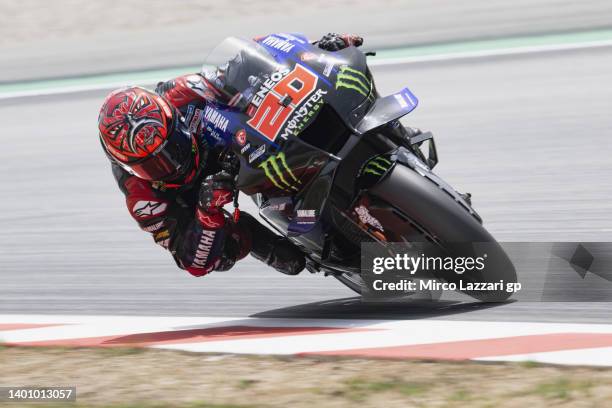 Fabio Quartararo of France and Monster Energy Yamaha MotoGP Team rounds the bend during the MotoGP qualifying practice during the MotoGP of Catalunya...