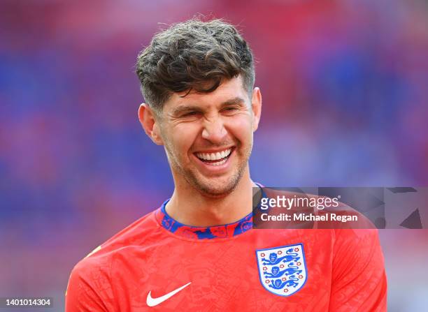 John Stones of England reacts prior to the UEFA Nations League League A Group 3 match between Hungary and England at Puskas Arena on June 04, 2022 in...
