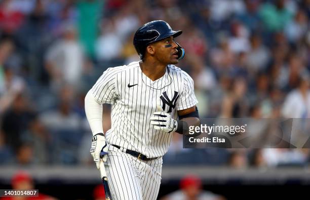 Miguel Andujar of the New York Yankees watches his hit against the Los Angeles Angels at Yankee Stadium on May 31, 2022 in the Bronx borough of New...