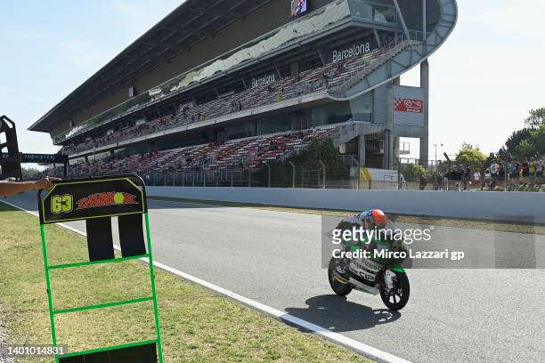 Joel Kelso of Australia and CIP Green Power heads down a straight during the Moto3 qualifying practice during the MotoGP of Catalunya - Qualifying at...