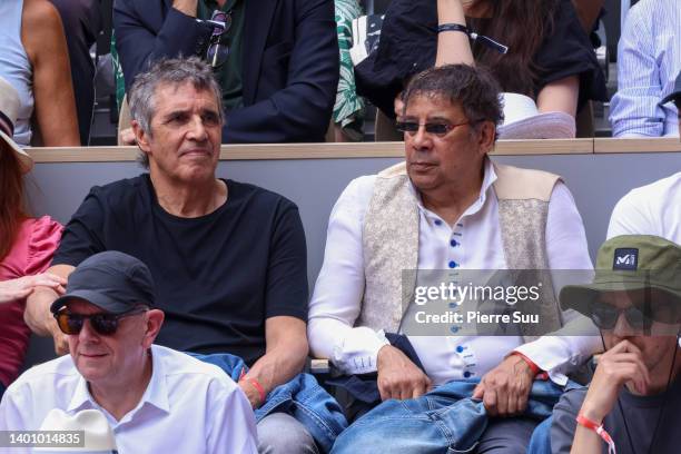 Julien Clerc and Laurent Voulzy are seen at Roland Garros on June 04, 2022 in Paris, France.