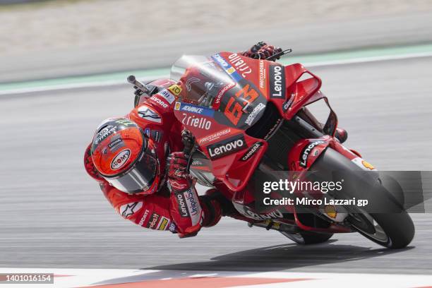 Francesco Bagnaia of Italy and Ducati Lenovo Team rounds the bend during the MotoGP qualifying practice during the MotoGP of Catalunya - Qualifying...