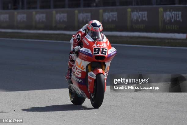 Jake Dixon of Great Britain and GasGas Aspar Team heads down a straight during the Moto2 qualifying practice during the MotoGP of Catalunya -...