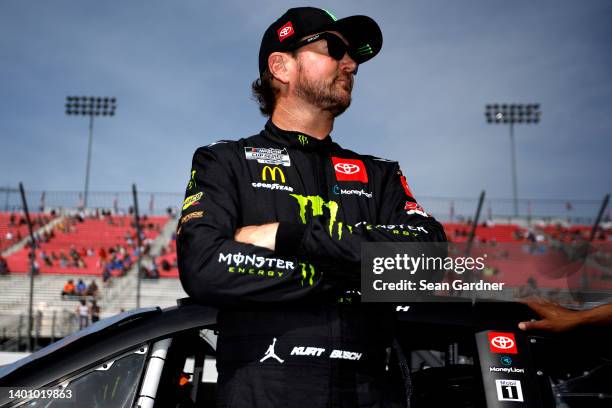 Kurt Busch, driver of the Monster Energy Toyota, looks on during qualifying for the NASCAR Cup Series Enjoy Illinois 300 at WWT Raceway on June 04,...