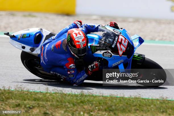 Alex Rins of Spain and Team SUZUKI ECSTAR in action during the Moto GP Qualifying at Circuit de Barcelona-Catalunya on June 4, 2022 in Barcelona,...