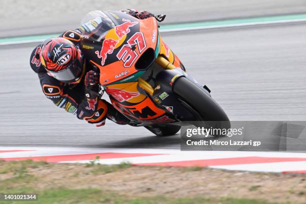 Augusto Fernandez of Spain and Red Bull KTM Team Ajo rounds the bend during the Moto2 qualifying practice during the MotoGP of Catalunya - Qualifying...