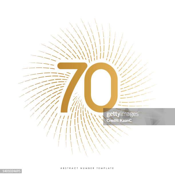 ilustraciones, imágenes clip art, dibujos animados e iconos de stock de número abstracto de color dorado, plantilla de logotipo de aniversario aislada, número de aniversario, ilustración de stock vectorial de aniversario de sunburst - 70 aniversario