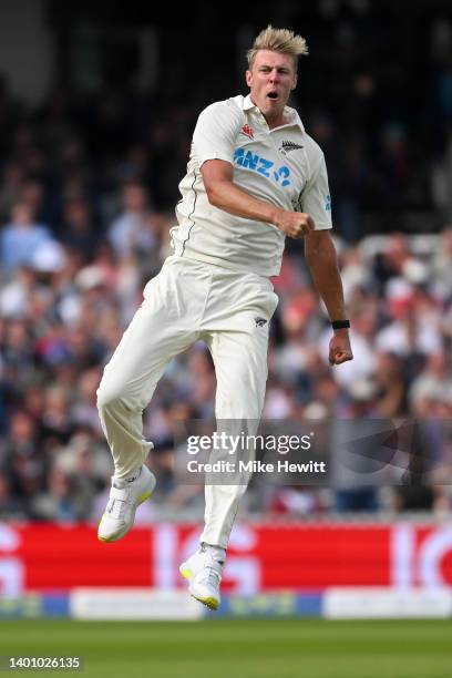 Kyle Jamieson of New Zealand celebrates after dismissing Ben Stokes of England during Day 3 of the First LV= Insurance Test Match between England and...