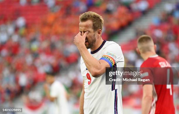 Harry Kane of England reacts during the UEFA Nations League League A Group 3 match between Hungary and England at Puskas Arena on June 04, 2022 in...