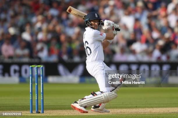 Joe Root of England hits out during Day 3 of the First LV= Insurance Test Match between England and New Zealand at Lord's Cricket Ground on June 04,...