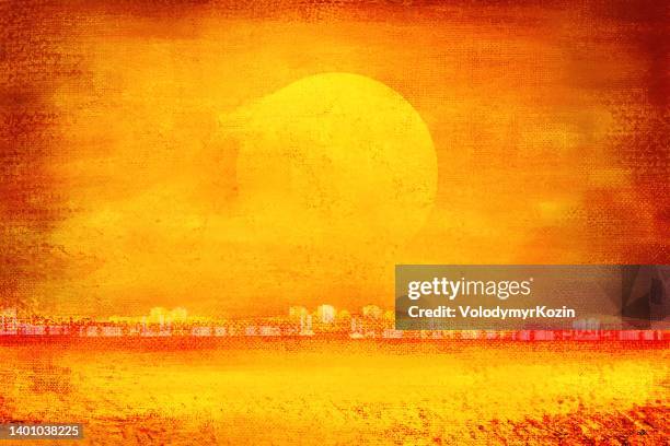 ilustraciones, imágenes clip art, dibujos animados e iconos de stock de fantástico fondo horizontal con un disco de estrella sobre la ciudad - cambio climático