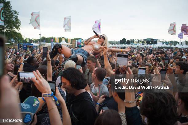 Alexandra Drewchin from Eartheater performs at We Love Green Festival at Bois de Vincennes on June 04, 2022 in Paris, France.