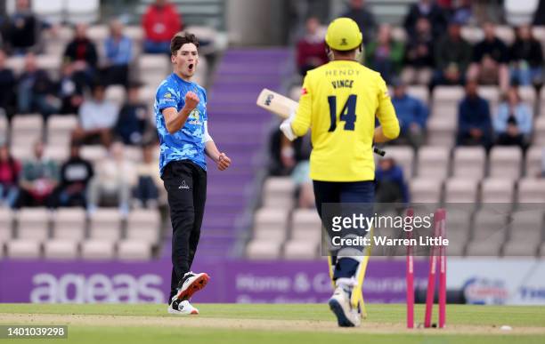 Henry Crocombe of Sussex Sharks celebrates bowling James Vince of Hampshire Hawks during the Vitality T20 Blast between Hampshire Hawks and Sussex...