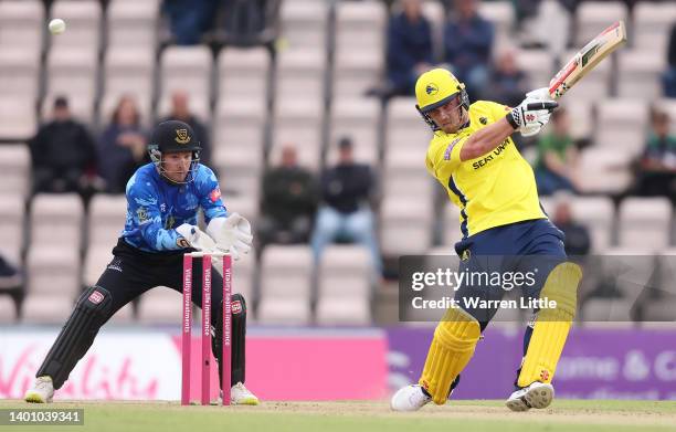 Ben McDermott of Hampshire Hawks bats during the Vitality T20 Blast between Hampshire Hawks and Sussex Sharks at Ageas Bowl on June 04, 2022 in...