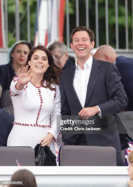 Princess Eugenie and Jack Brooksbank during the Platinum Party at the Palace in front of Buckingham Palace on June 04, 2022 in London, England. The...