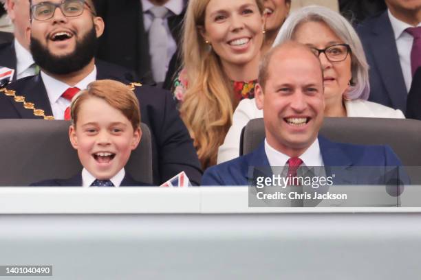 Prince George of Cambridge and Prince William, Duke of Cambridge during the Platinum Party at the Palace in front of Buckingham Palace on June 04,...