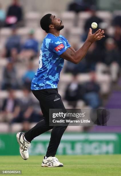 Obed McCoy of Sussex Sharks catches James Fuller of Hampshire Hawks during the Vitality T20 Blast between Hampshire Hawks and Sussex Sharks at Ageas...