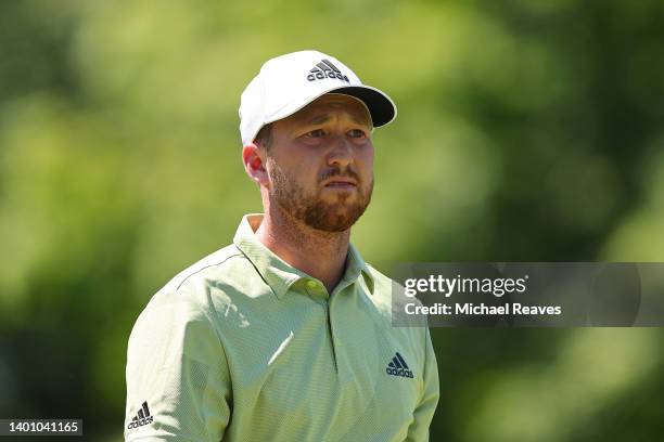 Daniel Berger of the United States walks to the 18th fairway during the third round of the Memorial Tournament presented by Workday at Muirfield...