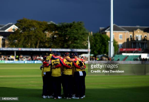 Essex huddle during the Vitality T20 Blast match between Essex Eagles and Hampshire Hawks at The Cloud County Ground on May 31, 2022 in Chelmsford,...