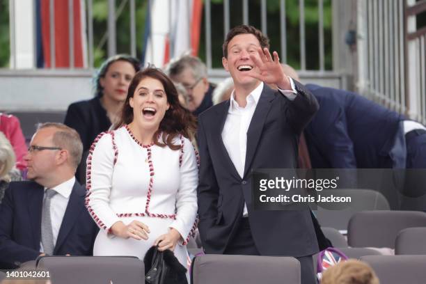 Princess Eugenie and Jack Brooksbank during the Platinum Party at the Palace in front of Buckingham Palace on June 04, 2022 in London, England. The...