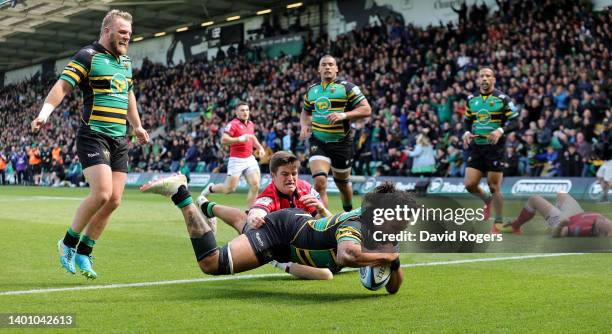 Lewis Ludlam of Northampton Saints dives over for their tenth try during the Gallagher Premiership Rugby match between Northampton Saints and...