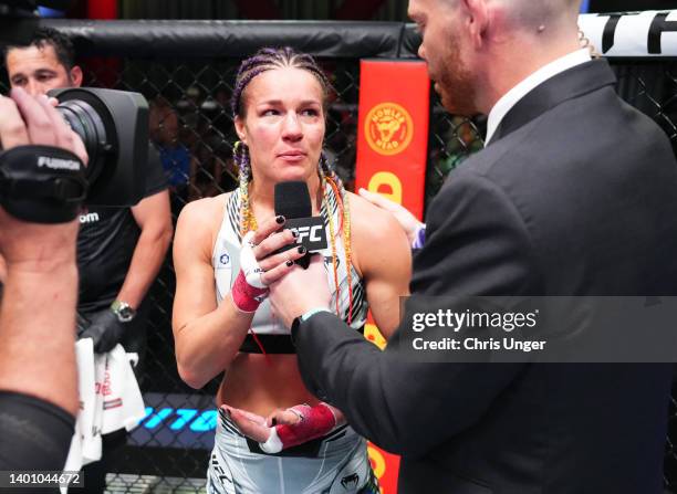 Felice Herrig announces her retirement following her loss to Karolina Kowalkiewicz in a strawweight fight during the UFC Fight Night event at UFC...