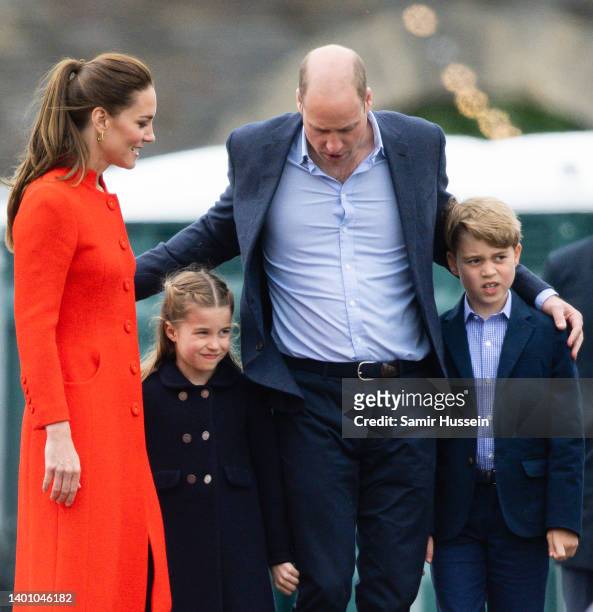 Catherine, Duchess of Cambridge, Princess Charlotte of Cambridge, Prince William, Duke of Cambridge and Prince George of Cambridge during a visit to...