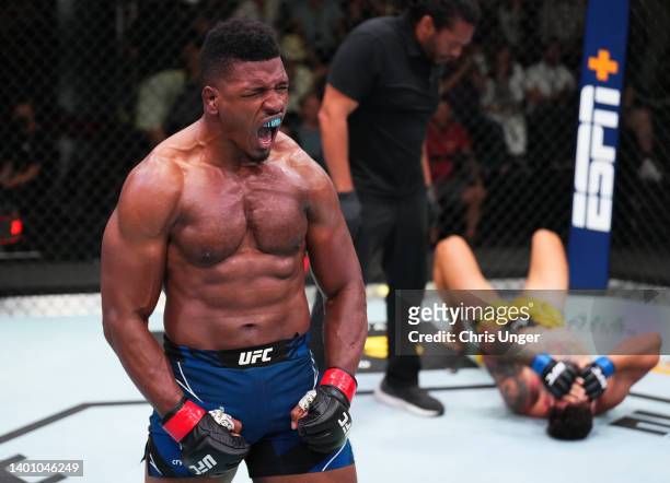 Alonzo Menifield celebrates after his knockout over Askar Mozharov of Ukraine in a light heavyweight fight during the UFC Fight Night event at UFC...