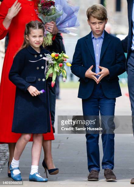 Prince William, Duke of Cambridge and Prince George of Cambridge during a visit to Cardiff Castle on June 04, 2022 in Cardiff, Wales. The Platinum...