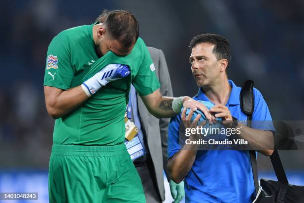 Gianluigi Donnarumma of Italy received medical attention following the UEFA Nations League League A Group 3 match between Italy and Germany at Renato...