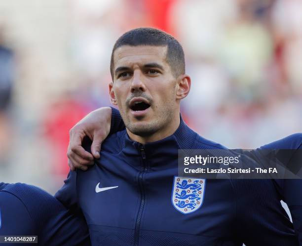 Conor Coady of England sings the national anthem prior to the UEFA Nations League League A Group 3 match between Hungary and England at Puskas Arena...