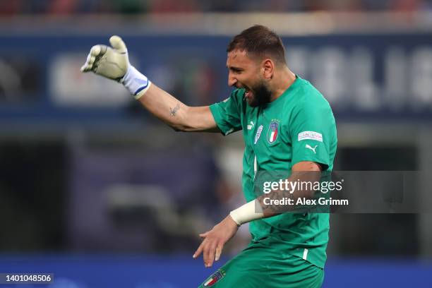 Gianluigi Donnarumma of Italy reacts following an injury during the UEFA Nations League League A Group 3 match between Italy and Germany at Renato...