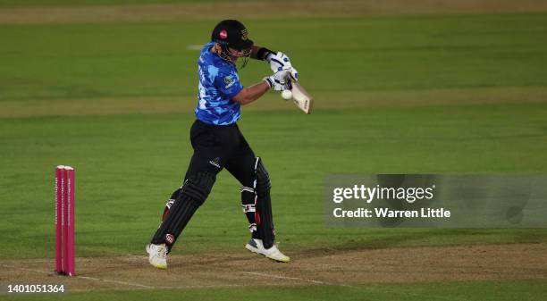 Tim Seifert of Sussex Sharks bats during the Vitality T20 Blast between Hampshire Hawks and Sussex Sharks at Ageas Bowl on June 04, 2022 in...