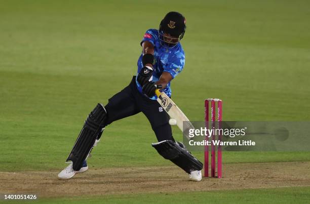 Delray Rawlins of Sussex Sharks bats during the Vitality T20 Blast between Hampshire Hawks and Sussex Sharks at Ageas Bowl on June 04, 2022 in...