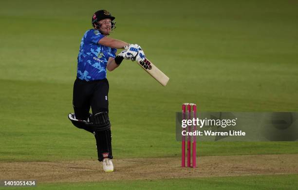 Tim Seifert of Sussex Sharks bats during the Vitality T20 Blast between Hampshire Hawks and Sussex Sharks at Ageas Bowl on June 04, 2022 in...