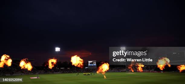 Hampshire hawks celebrate the wicket of Harrison Ward of Sussex Sharks during the Vitality T20 Blast between Hampshire Hawks and Sussex Sharks at...