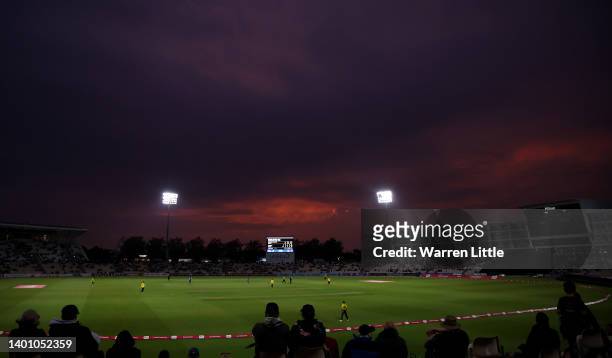 An approaching storm is pictured during the Vitality T20 Blast between Hampshire Hawks and Sussex Sharks at Ageas Bowl on June 04, 2022 in...