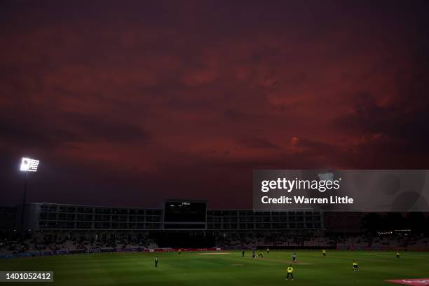 An approaching storm is pictured during the Vitality T20 Blast between Hampshire Hawks and Sussex Sharks at Ageas Bowl on June 04, 2022 in...