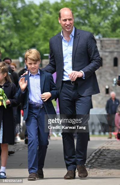 Prince William, Duke of Cambridge and Prince George of Cambridge visit Cardiff Castle on June 04, 2022 in Cardiff, Wales. The Platinum Jubilee of...