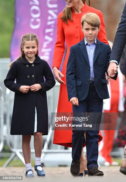 Princess Charlotte of Cambridge and Prince George of Cambridge visit Cardiff Castle on June 04, 2022 in Cardiff, Wales. The Platinum Jubilee of...