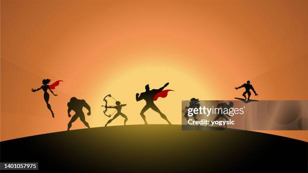 vector superhero team silhouette in fighting stance stock illustration - heroes stock illustrations
