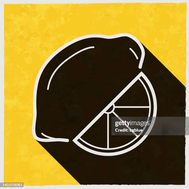 lemon and slice. icon with long shadow on textured yellow background - lime slice stock illustrations