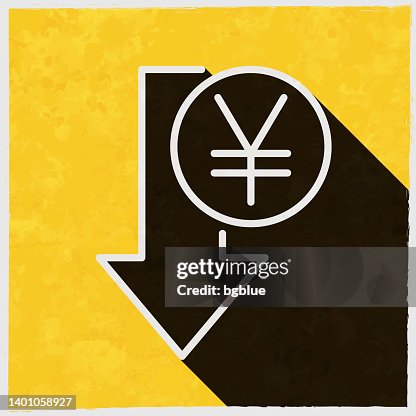Yen decrease. Icon with long shadow on textured yellow background Yen decrease. Icon with long shadow on textured yellow background