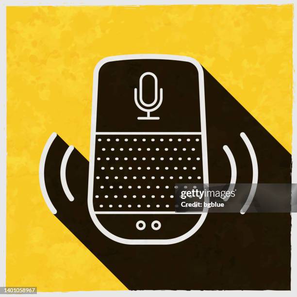 voice assistant - smart speaker. icon with long shadow on textured yellow background - using smart speaker stock illustrations