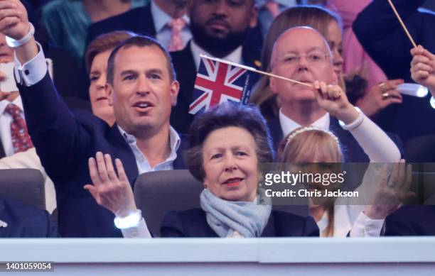 Peter Phillips, Princess Anne, Princess Royal and Isla Phillips during the Platinum Party at the Palace in front of Buckingham Palace on June 04,...