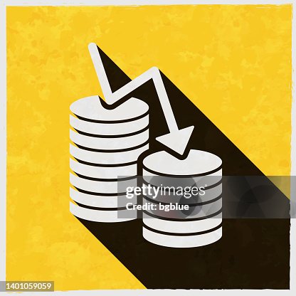 Money decrease. Icon with long shadow on textured yellow background Money decrease. Icon with long shadow on textured yellow background